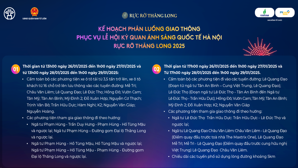 Hà Nội: Cấm một số tuyến đường để trình diễn hơn 2.000 drone trên bầu trời Hà Nội cấm một số tuyến đường tại quận Nam Từ Liêm phục vụ lễ hội ánh sáng