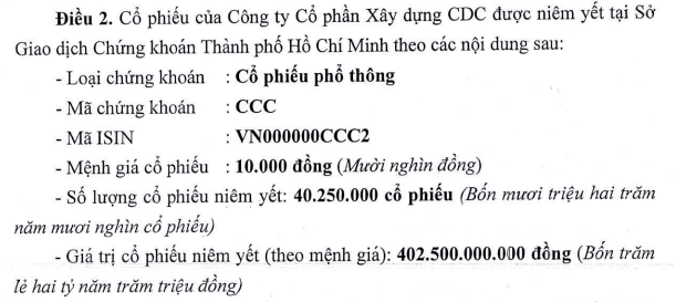 Cổ phiếu của Xây dựng CDC được chấp thuận niêm yết trên HoSE Cổ phiếu Xây dựng CDC được chấp thuận lên sàn HOSE,