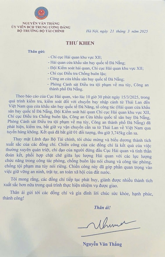Bộ trưởng Bộ Tài chính biểu dương các đơn vị có thành tích bắt giữ cần sa từ Thái Lan về Việt Nam