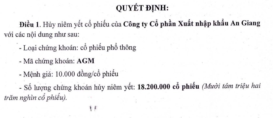 Huỷ niêm yết cổ phiếu AGM từ ngày 9/5/2025