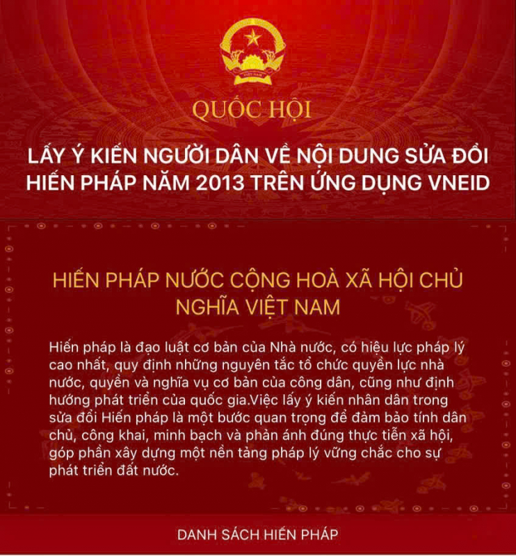 Hướng dẫn thực hiện góp ý sửa đổi, bổ sung một số điều của Hiến pháp trên VNeID- Ảnh 1. Hướng dẫn thực hiện góp ý sửa đổi, bổ sung một số điều của Hiến pháp trên VNeID- Ảnh 1.