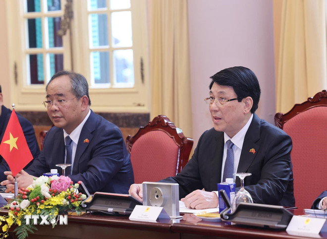 Chủ tịch nước Lương Cường hội đàm với Tổng thống Litva Gitanas Nauseda. (Ảnh: Lâm Khánh/TTXVN)