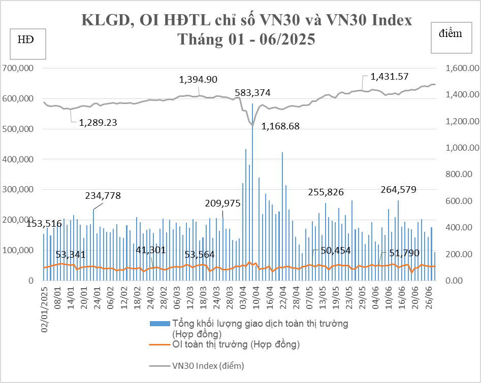 Thị trường chứng khoán phái sinh tháng 6/2025: Khối lượng giao dịch giảm 6,88% Thị trường chứng khoán phái sinh tháng 6/2025: Khối lượng giao dịch giảm 6,88%